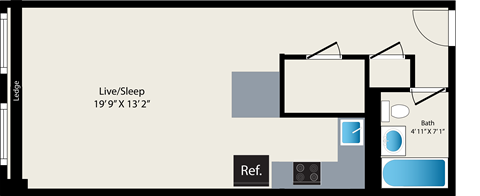 Floor plan for studio, 1 bath, 475 sqft